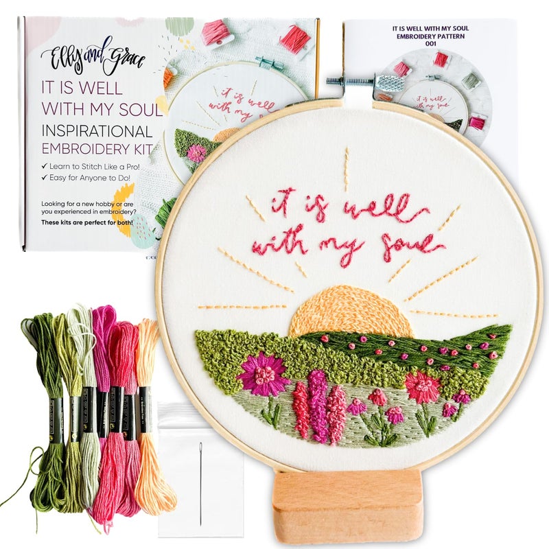 Elly and Grace Elly & Grace Christian Embroidery Kit with Embroidery Hoop, Easy Embroidery Kit for Beginners and Adults, Full Embroidery Hoop Kit with Needles and Thread Included (It is Well) - Image 1