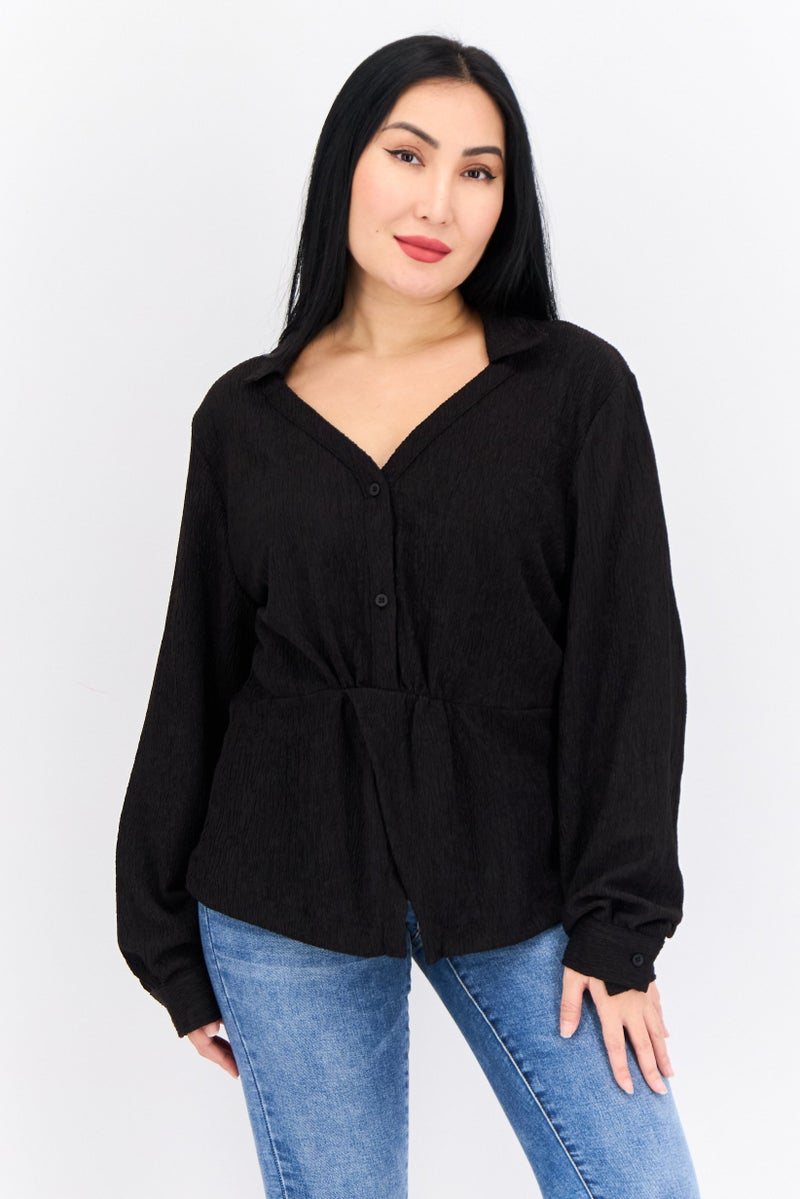 The Giving Movement Women V-Neck Long Sleeve Textured Blouse, Black - Image 1