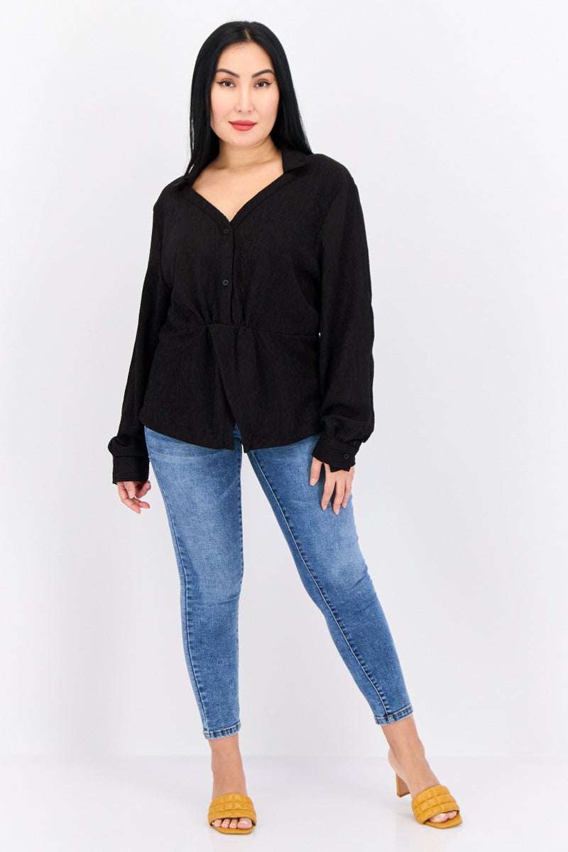 The Giving Movement Women V-Neck Long Sleeve Textured Blouse, Black - Image 4