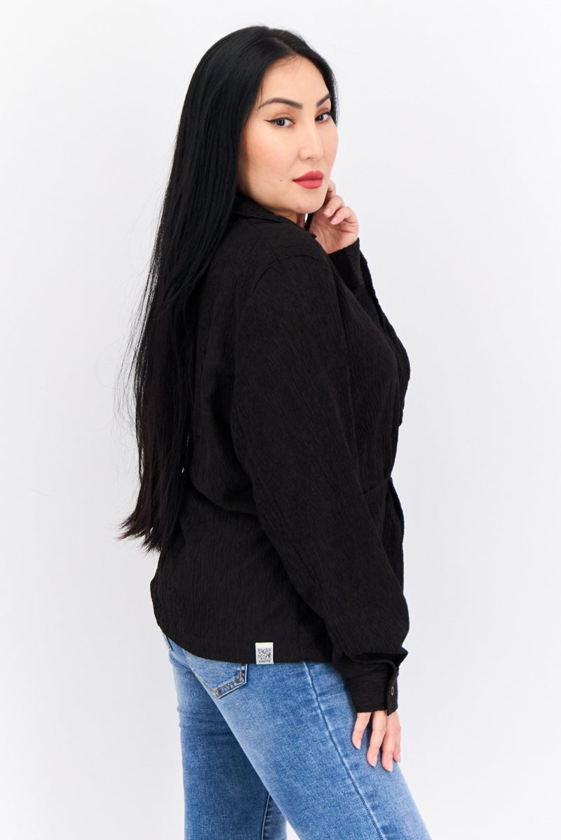 The Giving Movement Women V-Neck Long Sleeve Textured Blouse, Black - Image 2