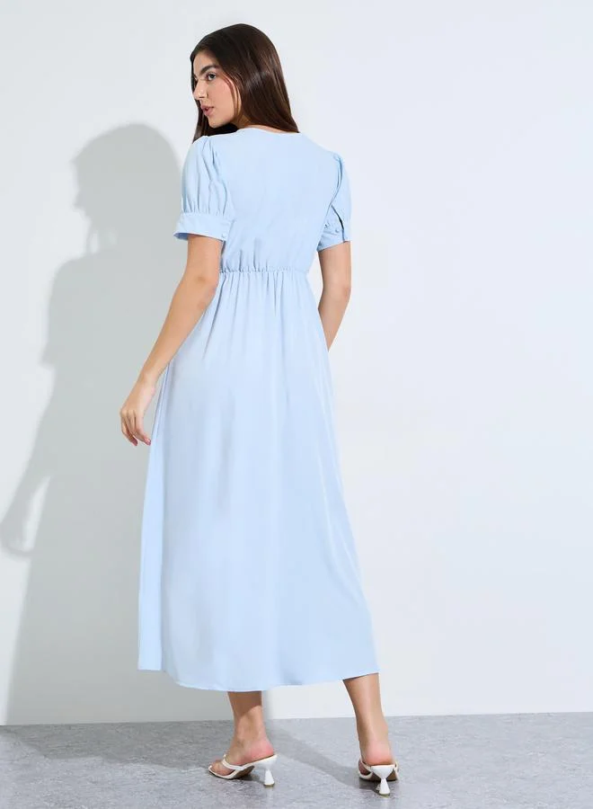 Styli  Blue Solid Short Sleeves Collarless Shirt Maxi Dress for Women | Best Price UAE