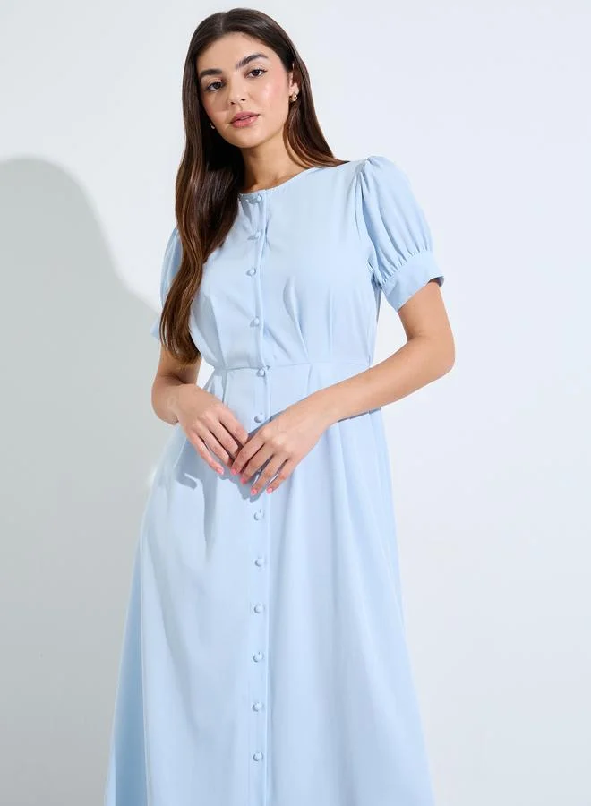 ستايلي Blue Solid Short Sleeves Collarless Shirt Maxi Dress