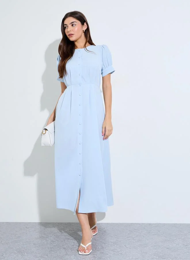 ستايلي Blue Solid Short Sleeves Collarless Shirt Maxi Dress