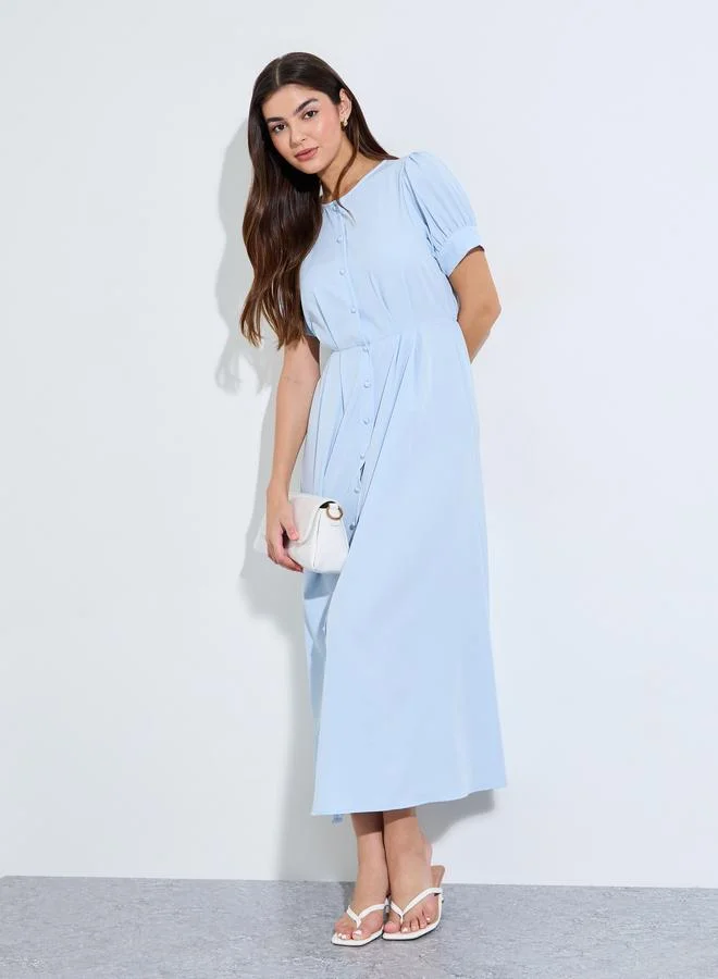 Styli  Blue Solid Short Sleeves Collarless Shirt Maxi Dress for Women | Best Price UAE