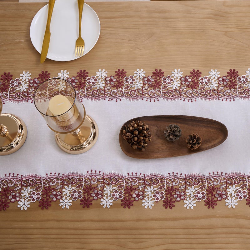 Winotic White Dark Red Floral Lace Jacquard Table Runner Dresser Scarf 72 inches Long for Kitchen Dining Coffee Table Parties Wedding Home Decor (16â€ x72â€, Dark Red Floral) - Image 4