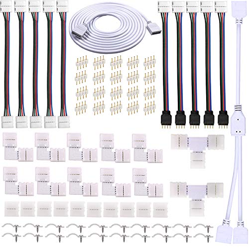 FSJEE 4 Pin LED Strip Connector Kit for 5050 RGB(NOT RGBIC) 10mm LED Light Strip,Include 8 Types of Solderless Accessories,Provide Most of Parts for DIY Lighting Project - Image 1