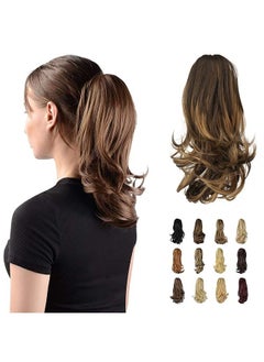 SOFEIYAN Sofeiyan 13" Ponytail Extension Long Curly Ponytail Clip in Claw Hair Extension Natural Looking Synthetic Hairpiece for Women, Dark Brown/Golden Auburn 