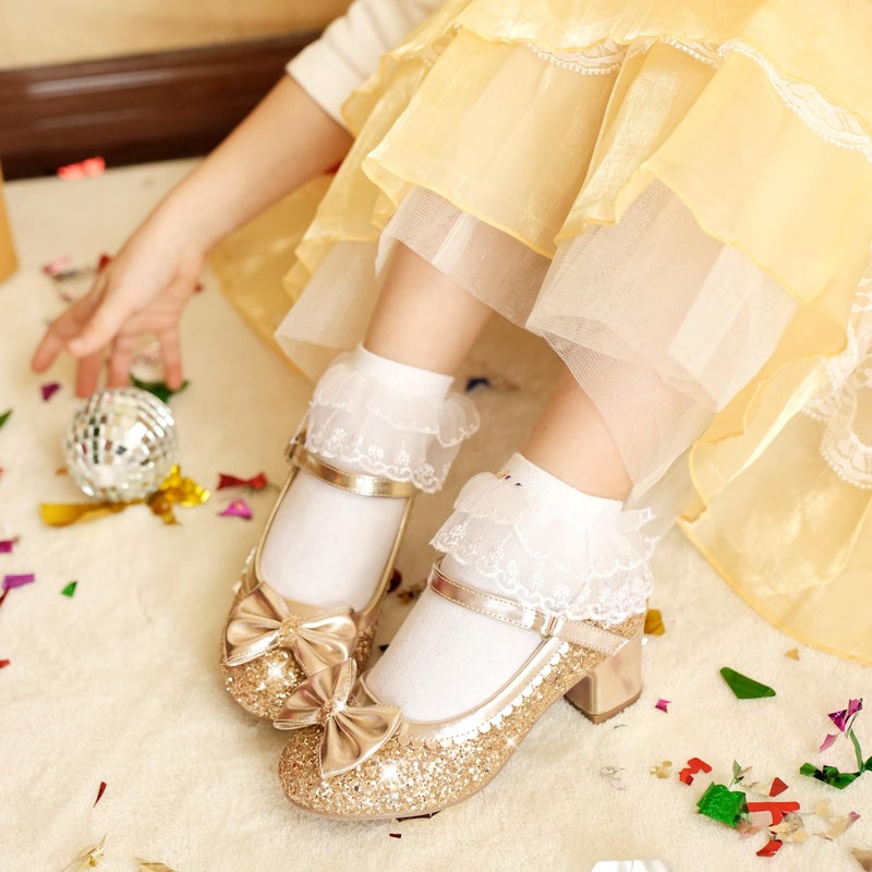 LAURMOSA Toddler Gold High Heels for Girls Dress Shoes Sparkle Kids Princess Dress up Shoes Size 7 Girls Kids High Heels Wedding Birthday Party Toddler Fancy Pumps(L1036SeGold 7) - Image 2