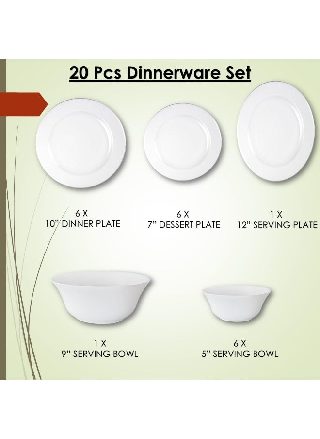 Melrich - 20-Piece Opalware Dinner Set With 6 X 25 Cm Dinner Plate, 6 X 18 Cm Desert Plate, 1 X30 Cm Serving Plate, 6 X 13 Cm Serving Bowl, 1 X 23 Cm Serving Bowl, Serves 6, White - Image 1