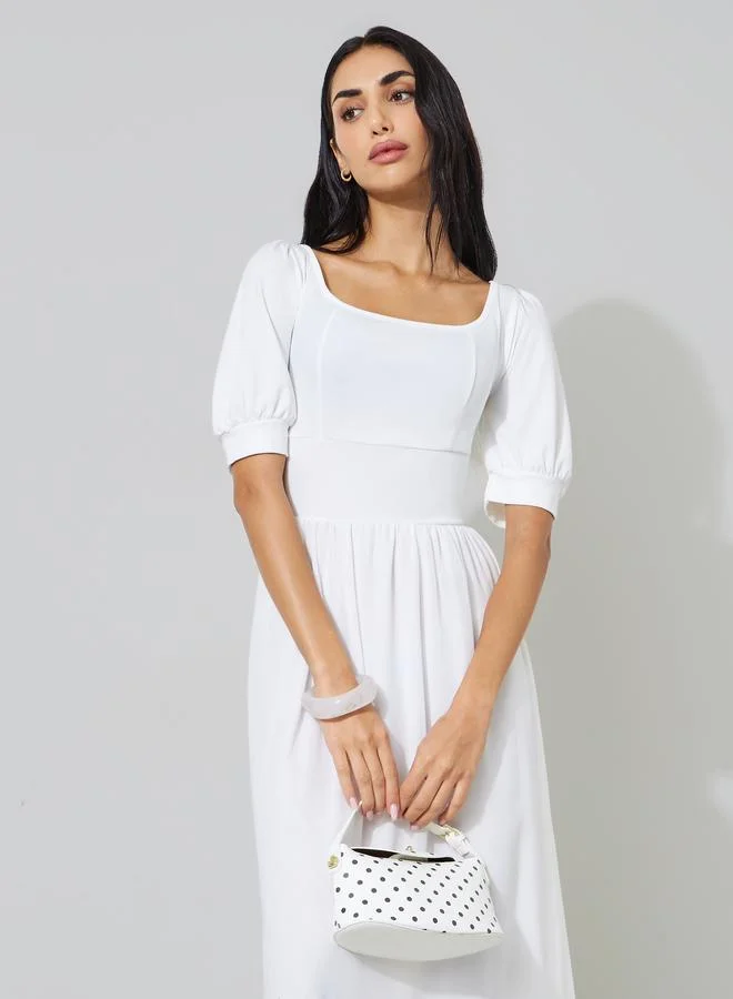 ستايلي White Solid Puff Sleeves A-Line Maxi Dress