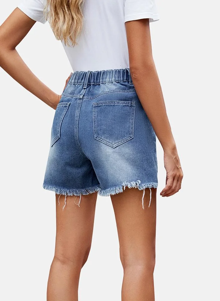 YUNIQEE Blue Mid Rise Plain Slim Fit Shorts
