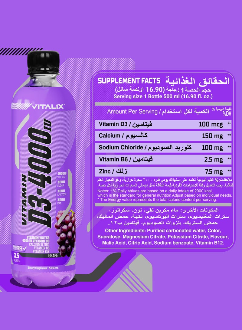 فيتاليكس D3-4000 ماء فيتامين بنكهة العنب، خالٍ من السكر، مع الكالسيوم والزنك، 500 مل، عبوة من 12 قارورة - Image 3