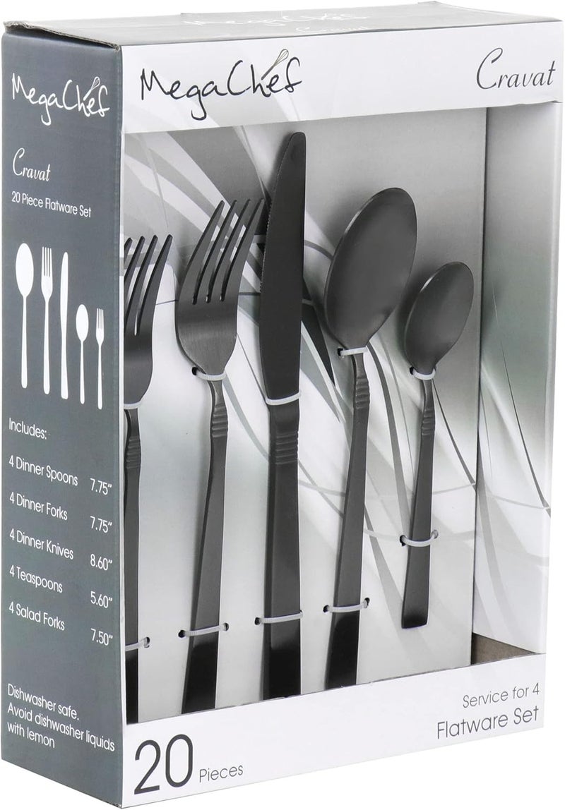 Mega chef Cravat 20 Piece Flatware Utensil Set, Stainless Steel Silverware Metal Service for 4 in Matte Black - Image 1
