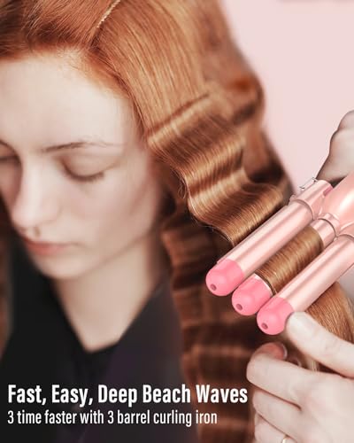 BESTOPE PRO Waver Curling Iron Wand - BESTOPE PRO 5 in 1 Curling Wand Set with 3 Barrel Hair Crimper for Women, Fast Heating Crimper Wand Curler in All Hair Type, Women Gifts - Leather Pink - Image 3