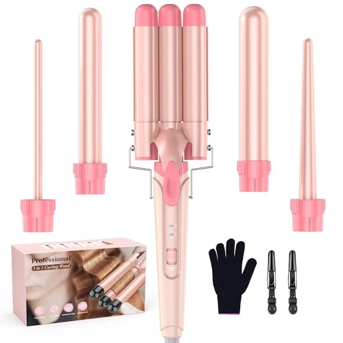 BESTOPE PRO Waver Curling Iron Wand - BESTOPE PRO 5 in 1 Curling Wand Set with 3 Barrel Hair Crimper for Women, Fast Heating Crimper Wand Curler in All Hair Type, Women Gifts - Leather Pink - Image 4