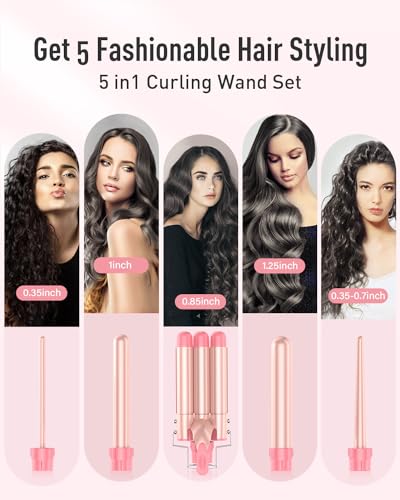 BESTOPE PRO Waver Curling Iron Wand - BESTOPE PRO 5 in 1 Curling Wand Set with 3 Barrel Hair Crimper for Women, Fast Heating Crimper Wand Curler in All Hair Type, Women Gifts - Leather Pink - Image 2