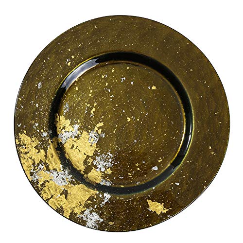 Syosaku Japanese Urushi Glass Dinner Plate Φ12.5-inch Majestic Green with Gold Leaf, Dishwasher Safe - Image 1