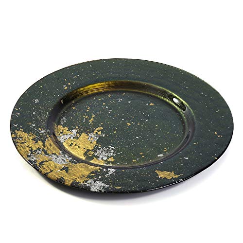 Syosaku Japanese Urushi Glass Dinner Plate Φ12.5-inch Majestic Green with Gold Leaf, Dishwasher Safe - Image 3