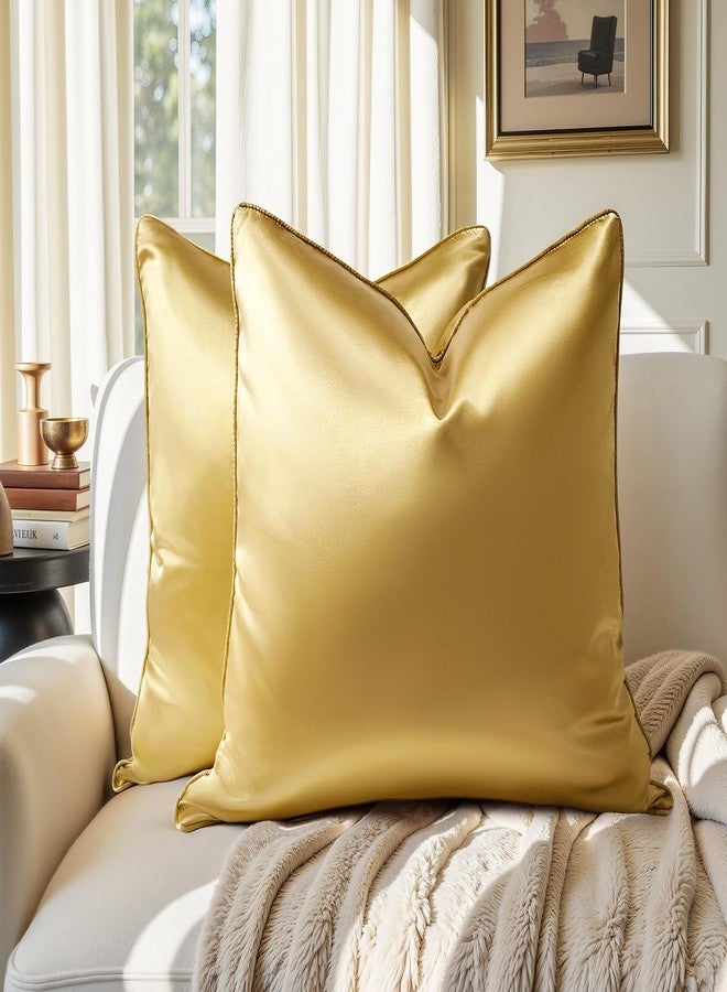 HOMEIDEAS Gold Decorative Throw Pillow Covers 18x18 Set of 2, Glossy Faux Silk Pillow Covers for Couch Sofa Bed Decor Luxury Euro Summer Cushion Covers - Image 1