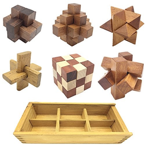 Guaishou 6inOne 3D Luxury Wooden Brain Puzzle Teaser Kongming Lock for Teens and Adults Includes Storage Box - Image 1