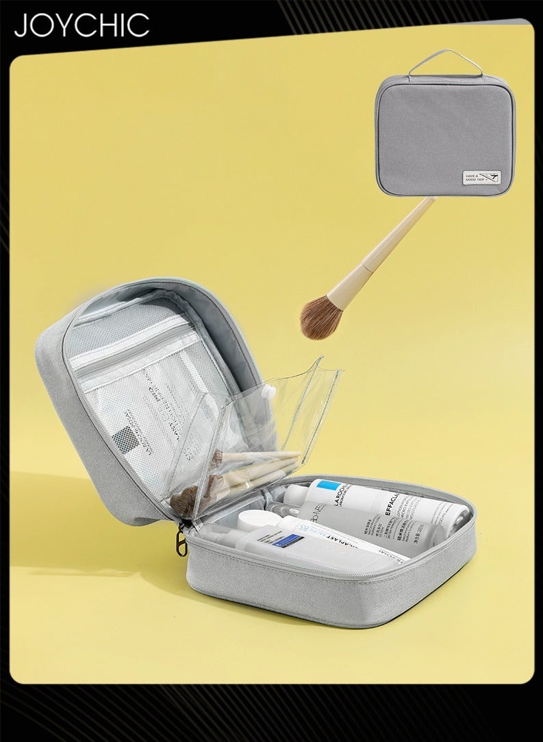 Joychic حقيبة تخزين يومية مربعة بسيطة مقاومة للغبار، للسفر ورحلات العمل، حقيبة أدوات الزينة المحمولة مقاومة للماء، حقيبة تخزين مستحضرات التجميل مع مقبض رمادي للنساء والرجال - Image 1