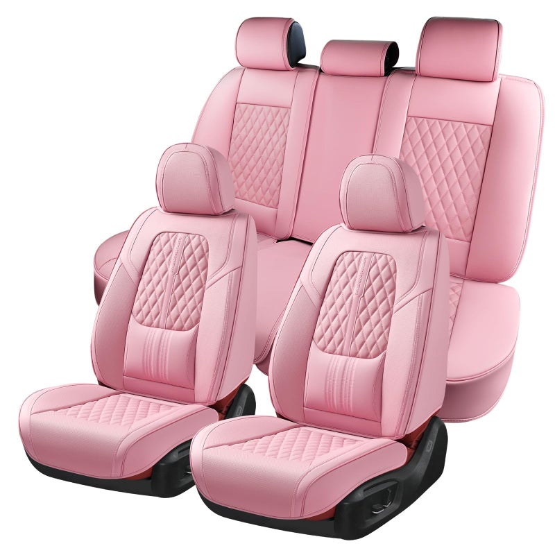 Coverado Car Seat Covers Full Set, Automotive Front and Rear Seat Covers with Backrest, Nappa Leather Car Seat Protectors Waterproof, Universal for Most Vehicles, Pink - Image 1