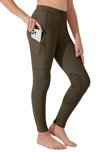 Willit Girls Horse Riding Pants Tights Kids Equestrian Breeches Knee-Patch Youth Schooling Tights Zipper Pockets Brown M - Image 1
