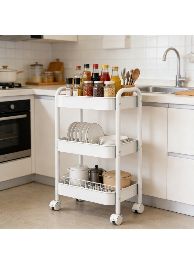 Kawkab Thickened carbon steel 3-layer multi-functional storage trolley with 4 swivel casters, suitable for use in multiple scenarios such as kitchens, offices, bathrooms, and bedrooms. Features a stylish modern design, measuring 78x45x35cm, this white storage trolley is high-quality, heavy-duty, and space-saving. - Image 3