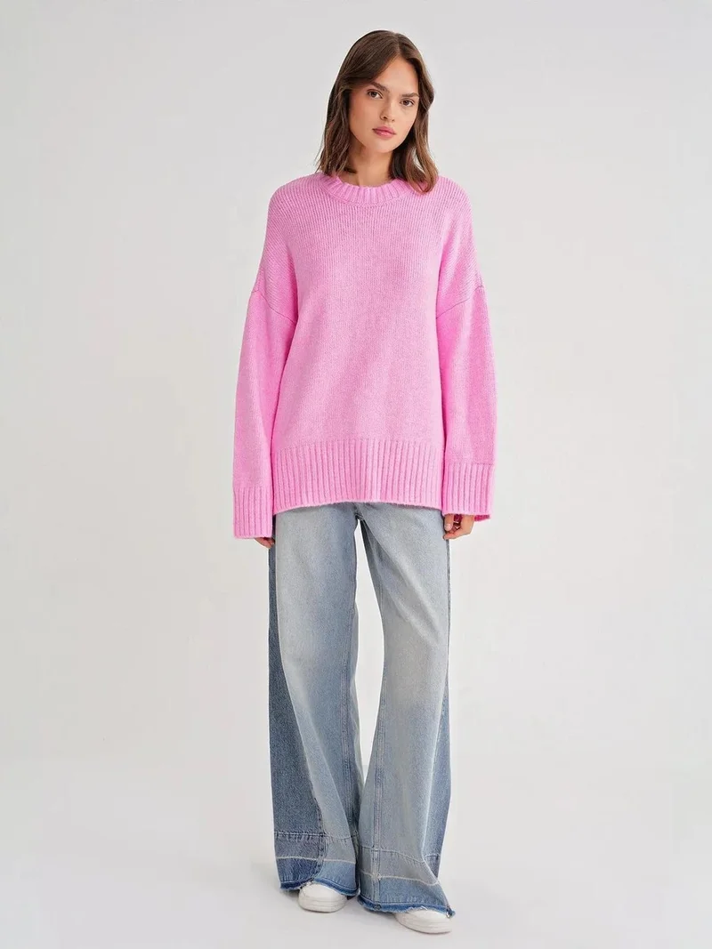 MixRay Mixray Oversized Ribbed Knit Sweater with Crew Neck
