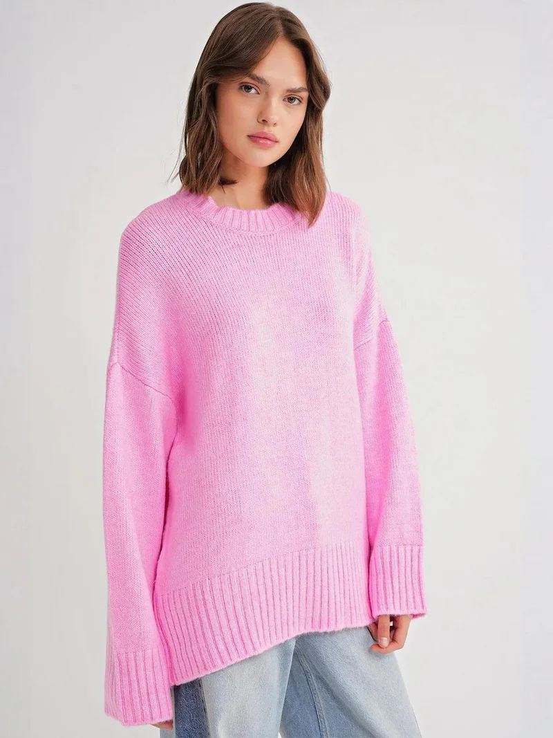 MixRay Mixray Oversized Ribbed Knit Sweater with Crew Neck