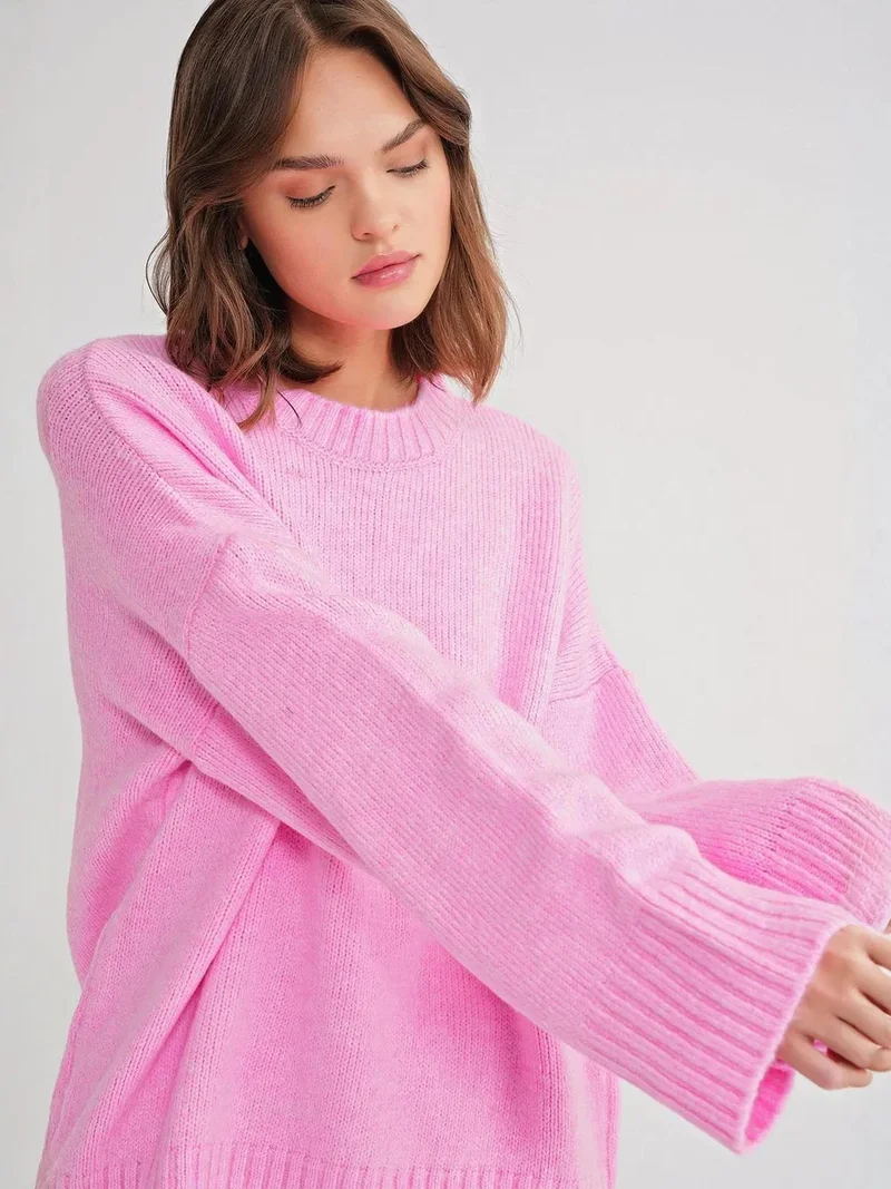 Mixray Powder Pink Mixray Oversized Ribbed Knit Sweater with Crew Neck for Women | Best Price UAE