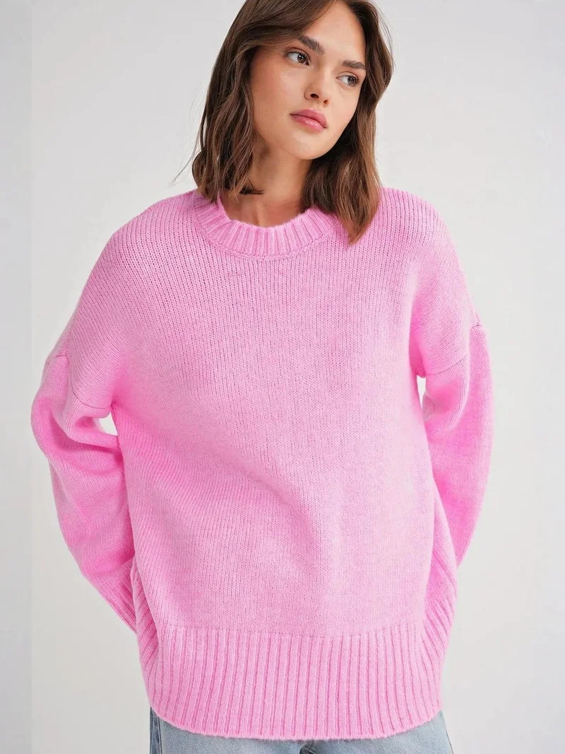 Mixray Powder Pink Mixray Oversized Ribbed Knit Sweater with Crew Neck for Women | Best Price UAE