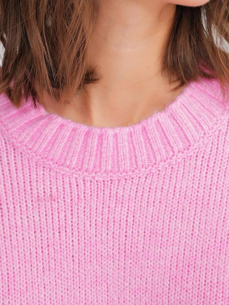 Mixray Powder Pink Mixray Oversized Ribbed Knit Sweater with Crew Neck for Women | Best Price UAE