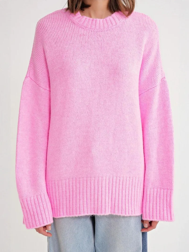Mixray Powder Pink Mixray Oversized Ribbed Knit Sweater with Crew Neck for Women | Best Price UAE