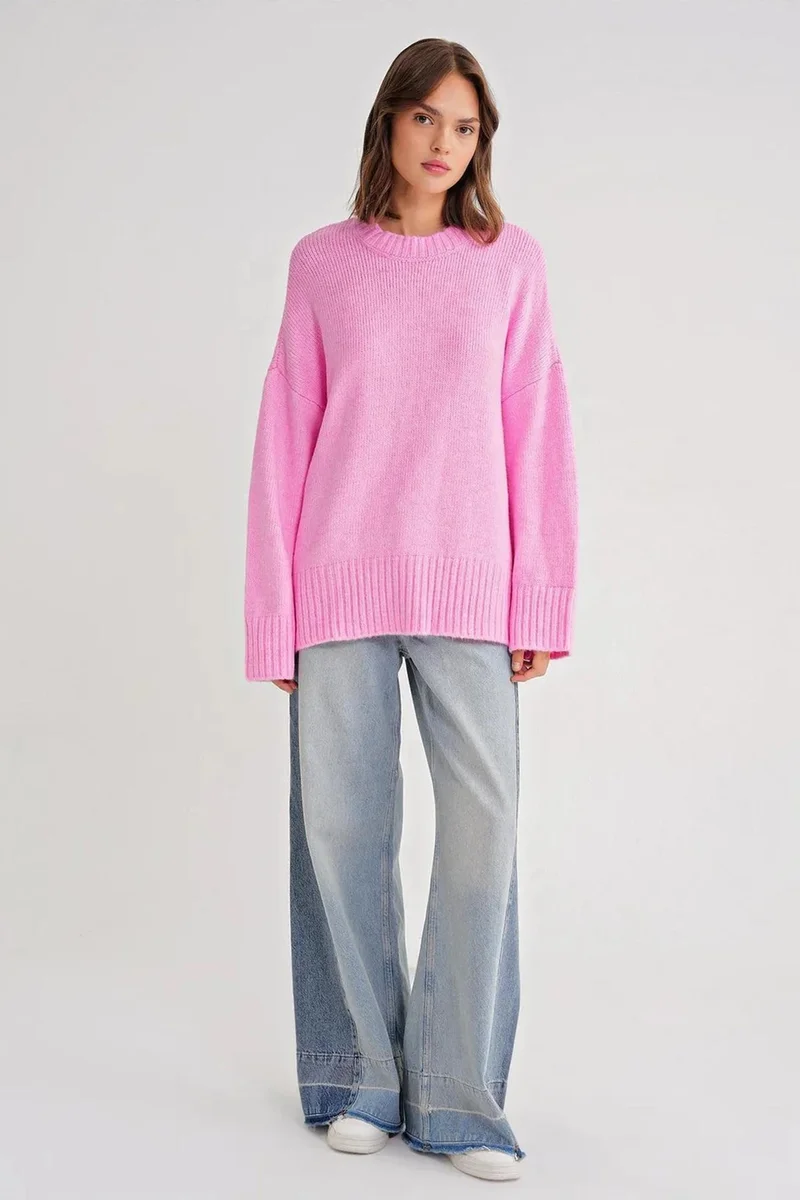 Mixray Mixray Oversized Ribbed Knit Sweater with Crew Neck