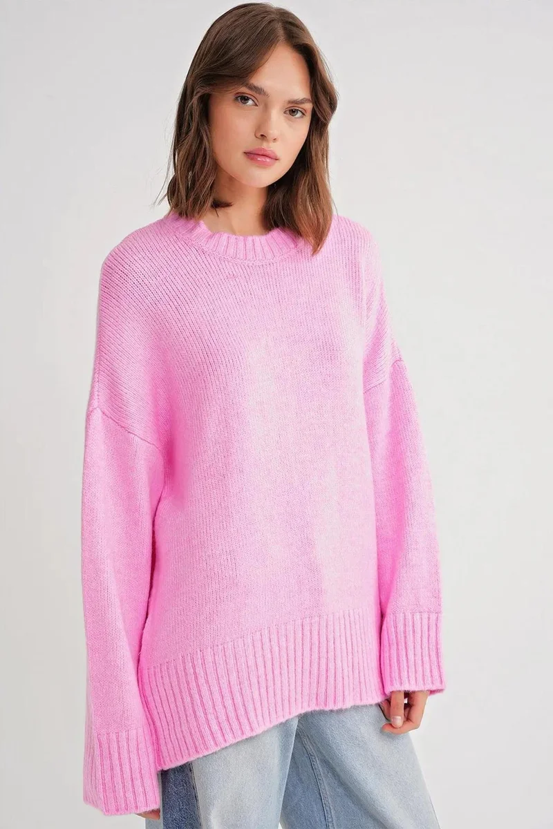 Mixray Mixray Oversized Ribbed Knit Sweater with Crew Neck