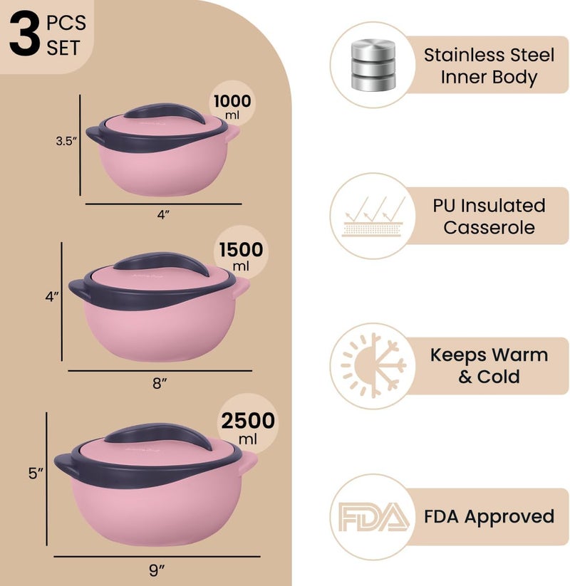 PINNACLE طبق كاسرول معزول مع غطاء مجموعة 3 قطع 26151 كيو تي حافظة طعام ساخن وبارد وعاء شوربة وسلطة من الفولاذ المقاوم للصدأ أفضل مجموعة هدايا للأمهات في العطلات - Image 2