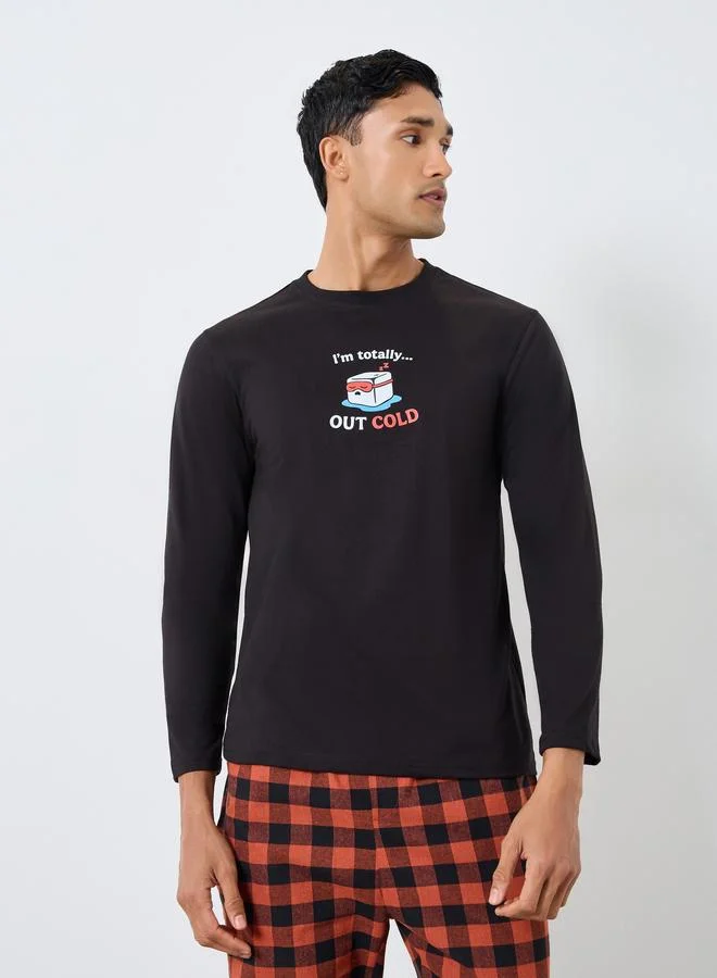 Styli Men Black Printed T-Shirt and Checked Pyjama Set