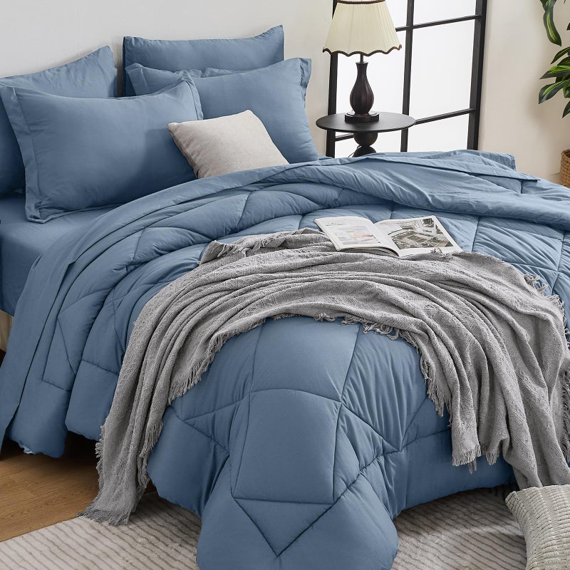 HEVUMYI Dusty Blue Queen Comforter Set - 7-Piece All Season Bed in a Bag Queen, Ultra Soft Bedding Set with Comforter, Flat Sheet, Fitted Sheet, Pillowcases, Pillow Shams - Image 1