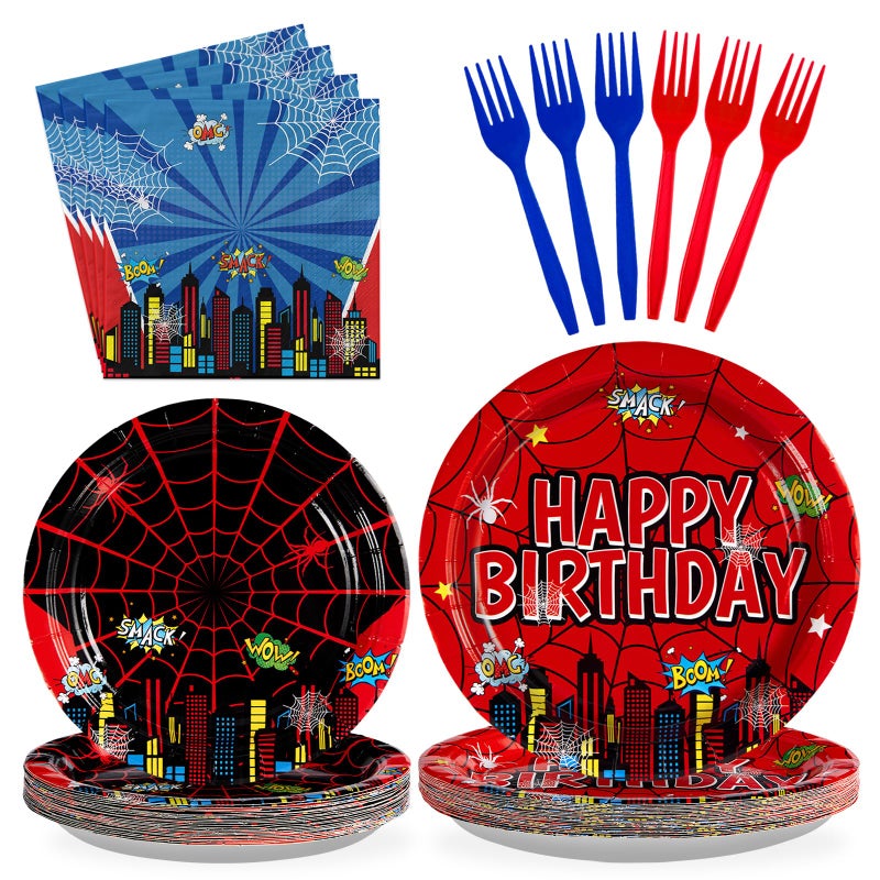 Grencian 96Pcs Cartoon Spider Birthday Party Decorations Red Blue Spider Birthday Plates and Napkins Disposable Hero Paper Tableware Set for Kids Baby Shower Super Theme Party Supplies, Serves 24 - Image 1