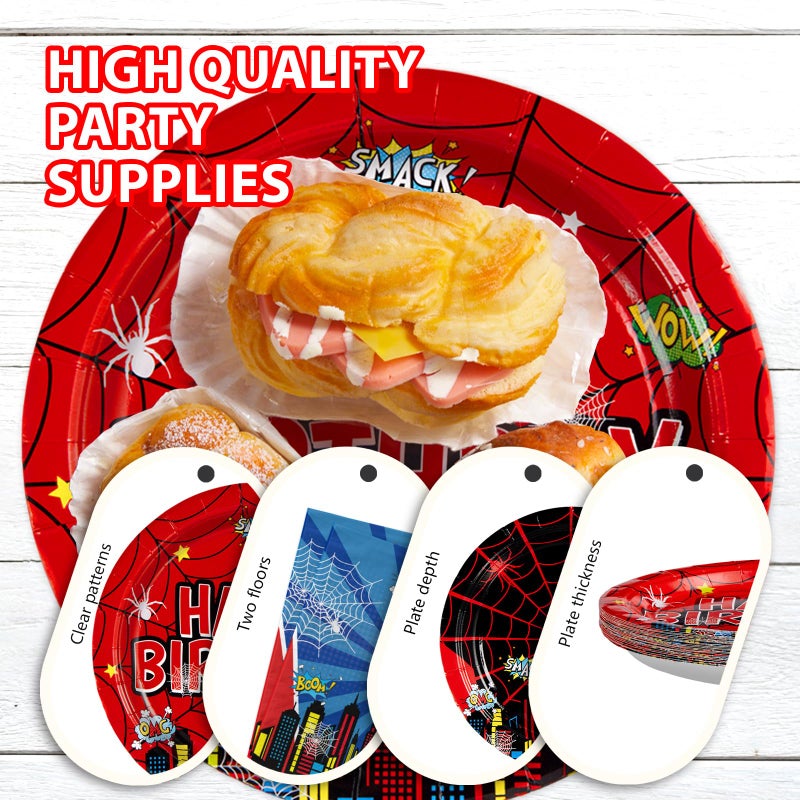 Grencian 96Pcs Cartoon Spider Birthday Party Decorations Red Blue Spider Birthday Plates and Napkins Disposable Hero Paper Tableware Set for Kids Baby Shower Super Theme Party Supplies, Serves 24 - Image 4