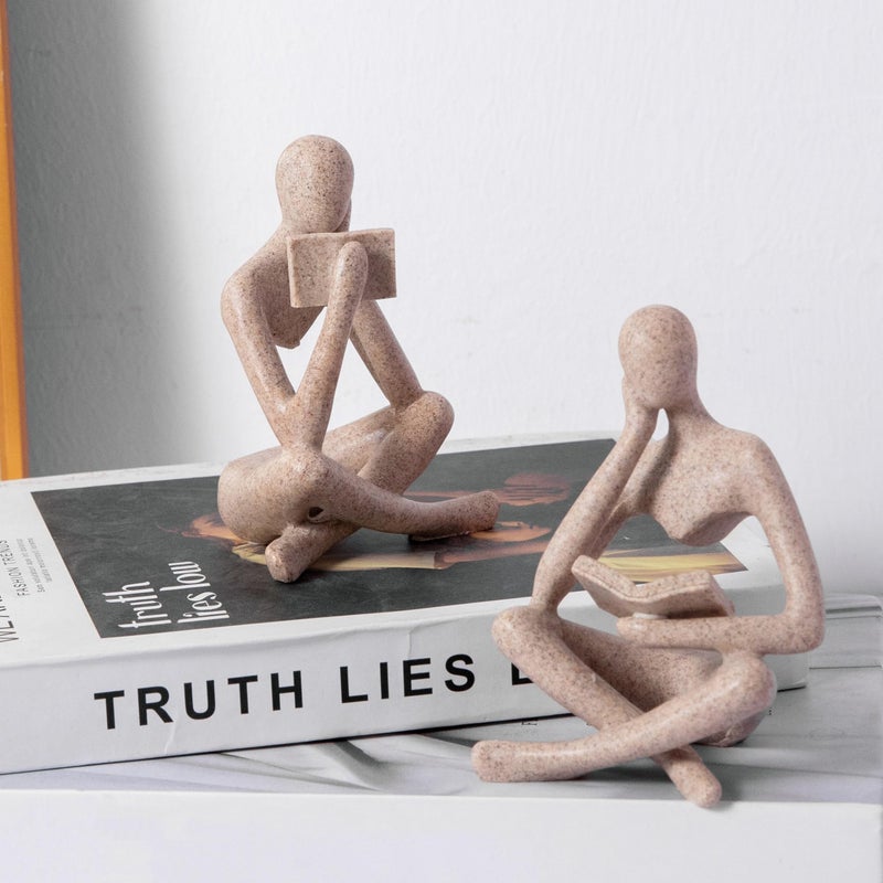 Prettidecor Reading Thinker Statue, Sculptures Abstract Art Ornament, Modern Aesthetic Figurine Decoration Set of 2 Status for Home Living Room Bedroom Office Shelf Table Desk Bookshelf Decor (Sandstone) - Image 1