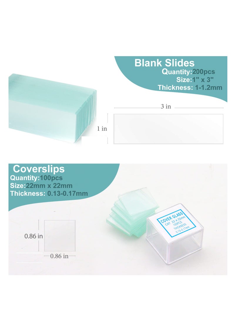 KASTWAVE - 300 Pack Microscope Slides Coverslips, Glass Prepared Slides for Microscope Accessories, 200 Slides, 100 Coverslips, for Microscopy Experiments and Analysis, Suitable for Most Microscopes - Image 1