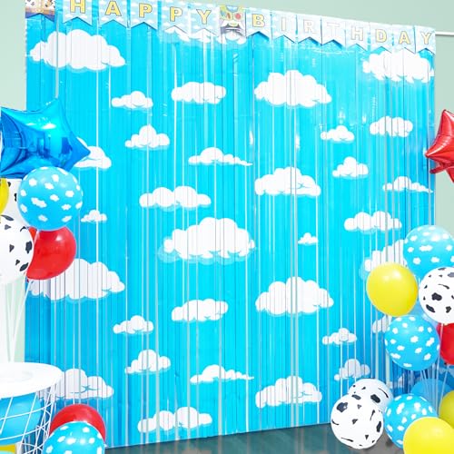 Simaya Cartoon Toy Inspired Story Birthday Party Decoration 2 Pack Story Party Photo Booth Prop Blue Sky White Cloud Fringe Curtains Tinsel Photo Streamers Backdrop for Cartoon Story Party Supplies - Image 1