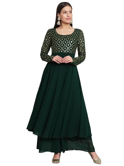 PH POSHAKHUB Green Georgette Foil Print Anarkali Kurta has Round Neck and Full Sleeve - Image 1