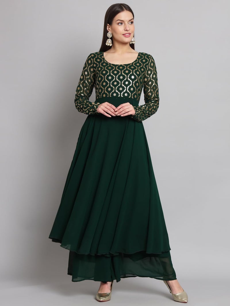 PH POSHAKHUB Green Georgette Foil Print Anarkali Kurta has Round Neck and Full Sleeve - Image 2
