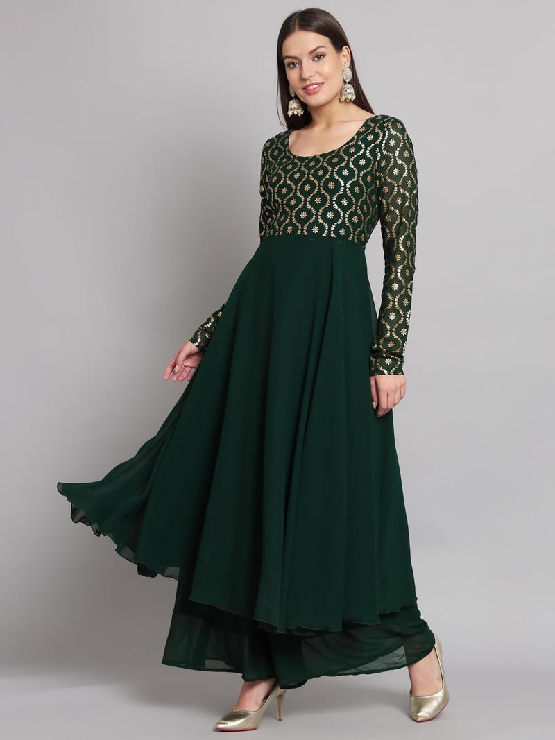 PH POSHAKHUB Green Georgette Foil Print Anarkali Kurta has Round Neck and Full Sleeve - Image 3