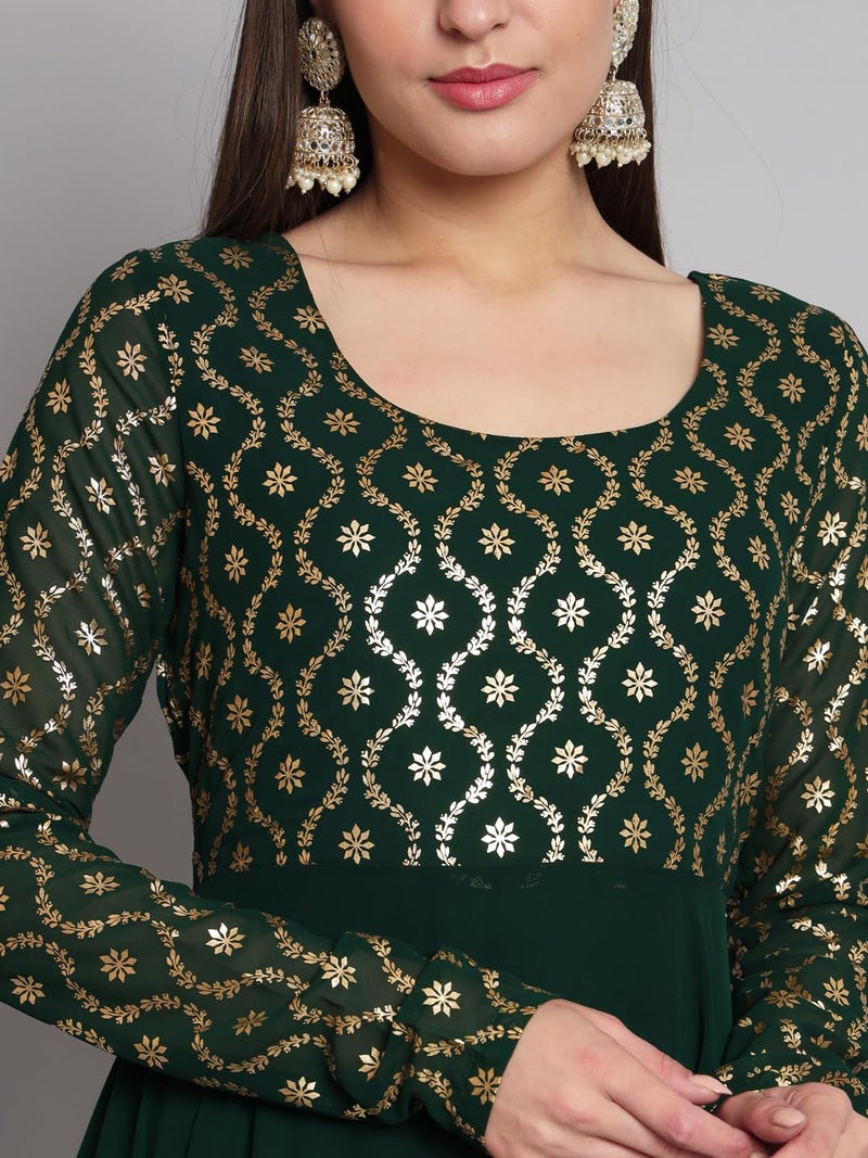 PH POSHAKHUB Green Georgette Foil Print Anarkali Kurta has Round Neck and Full Sleeve - Image 5