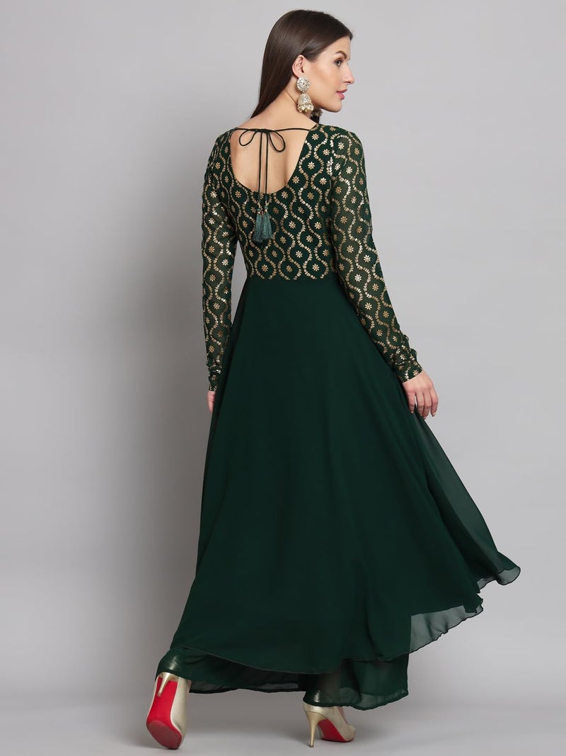 PH POSHAKHUB Green Georgette Foil Print Anarkali Kurta has Round Neck and Full Sleeve - Image 4