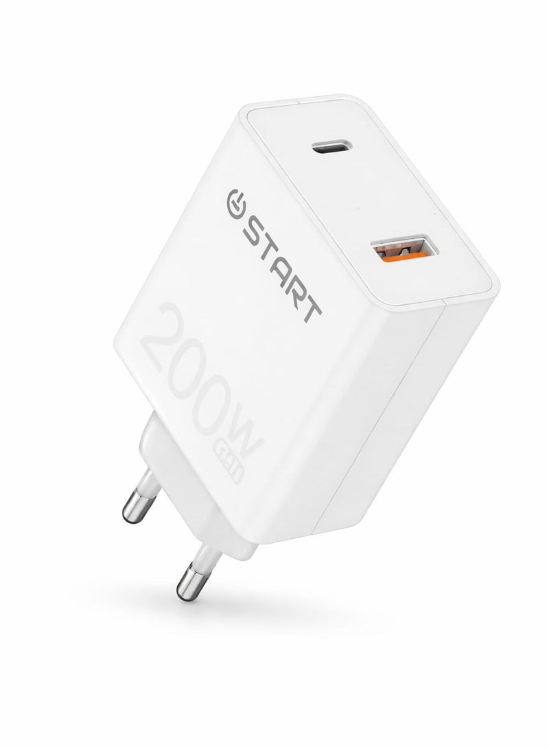 ST-311 شاحن حائط فائق السرعة 200W بتقنية جان يدعم بي دي وكيو سي شحن سريع بمنفذين تايب سي ويو اس بي حماية متعددة الدوائر